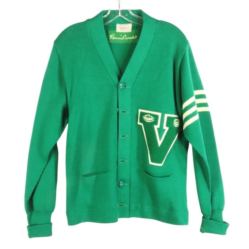 Vtg Dehen Varsity Sweater VAN BUREN ARKANSAS Letterman Cardigan Green Wool 40"